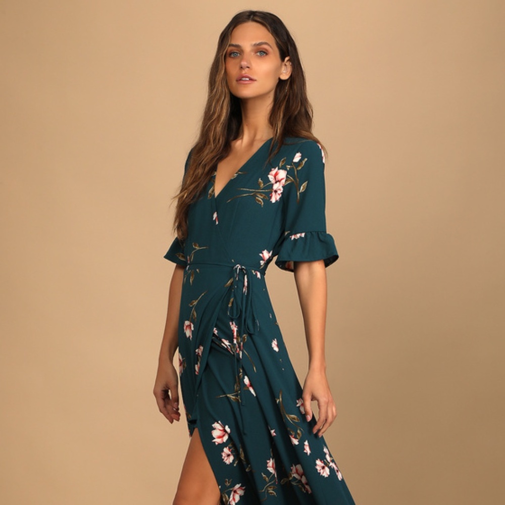 Lulus September Sunsets Dark Teal Floral Print Wrap Maxi Dress Blue - Size S